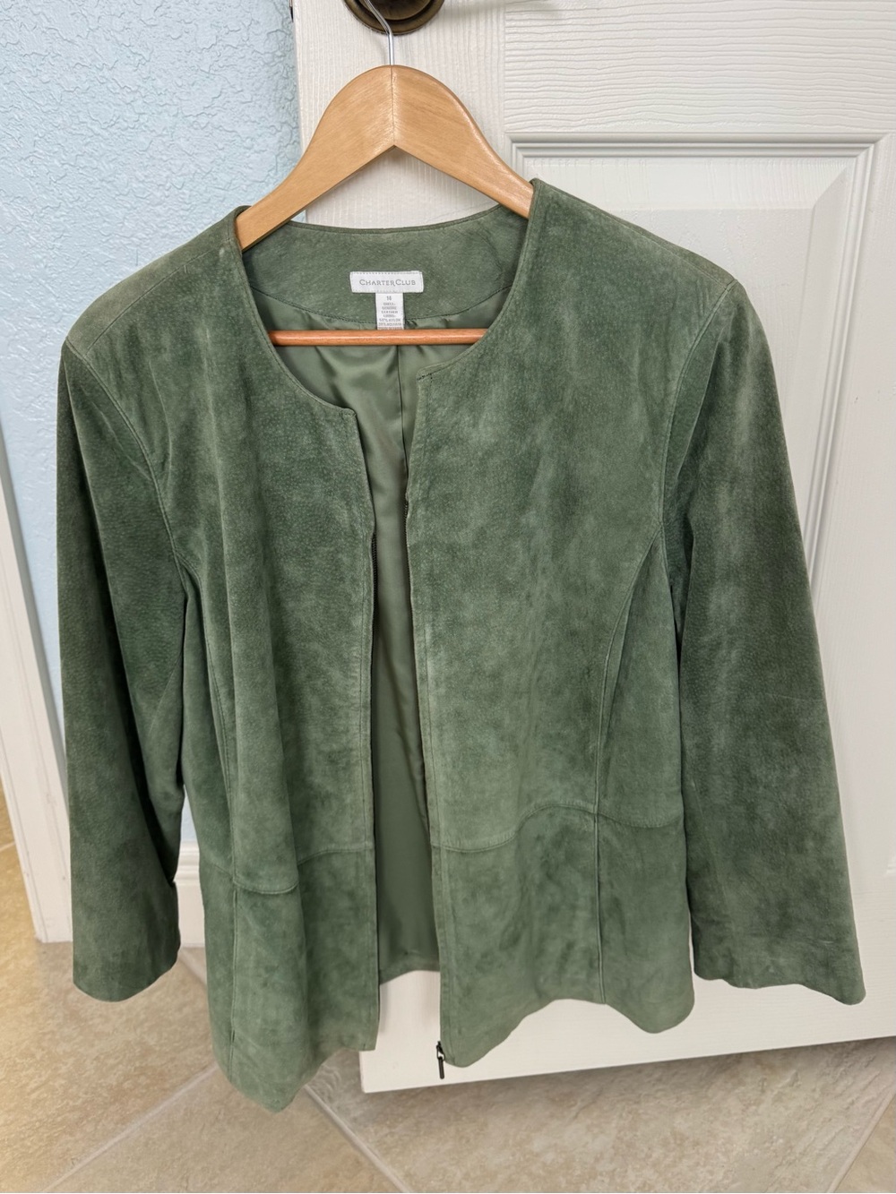 Charter Club Green Suede Collarless Open-Front Jacket